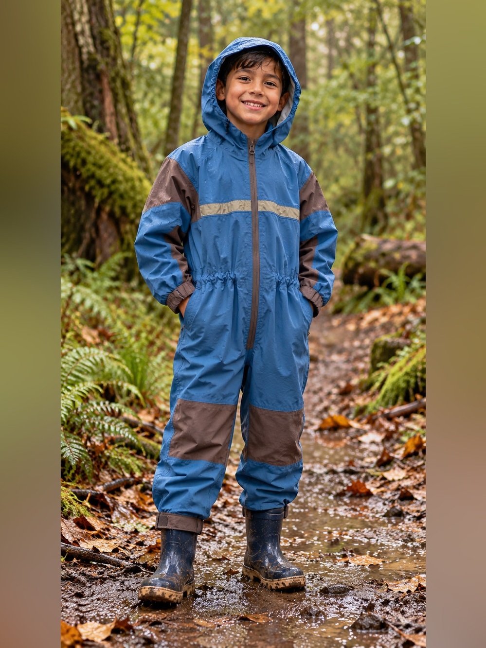 Oaki Kids Hooded One Piece Rain Suit Blue Brown Size 8/9